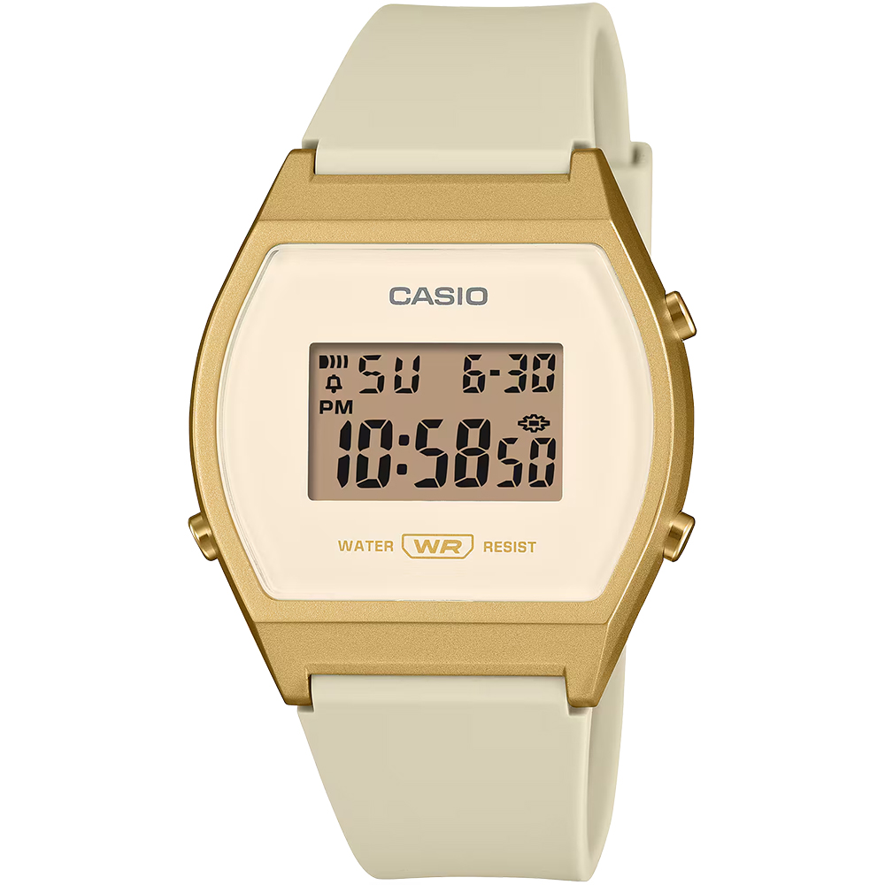 CASIO 卡西歐 運動休閒電子錶-米白x金框 女錶 學生錶 送禮 禮物 推薦(LW-204-9A), , large
