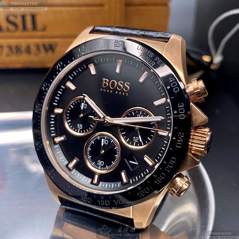 [星晴錶業]BOSS手錶,44mm,HB1513753黑色錶面玫瑰金錶殼深黑色真皮皮革錶帶款, , large