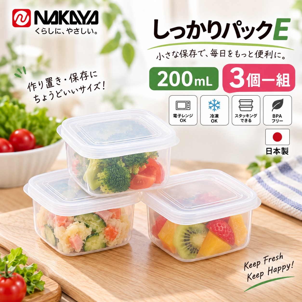 【HIYASU日安工坊】方形穩扣保鮮盒E-3入, , large