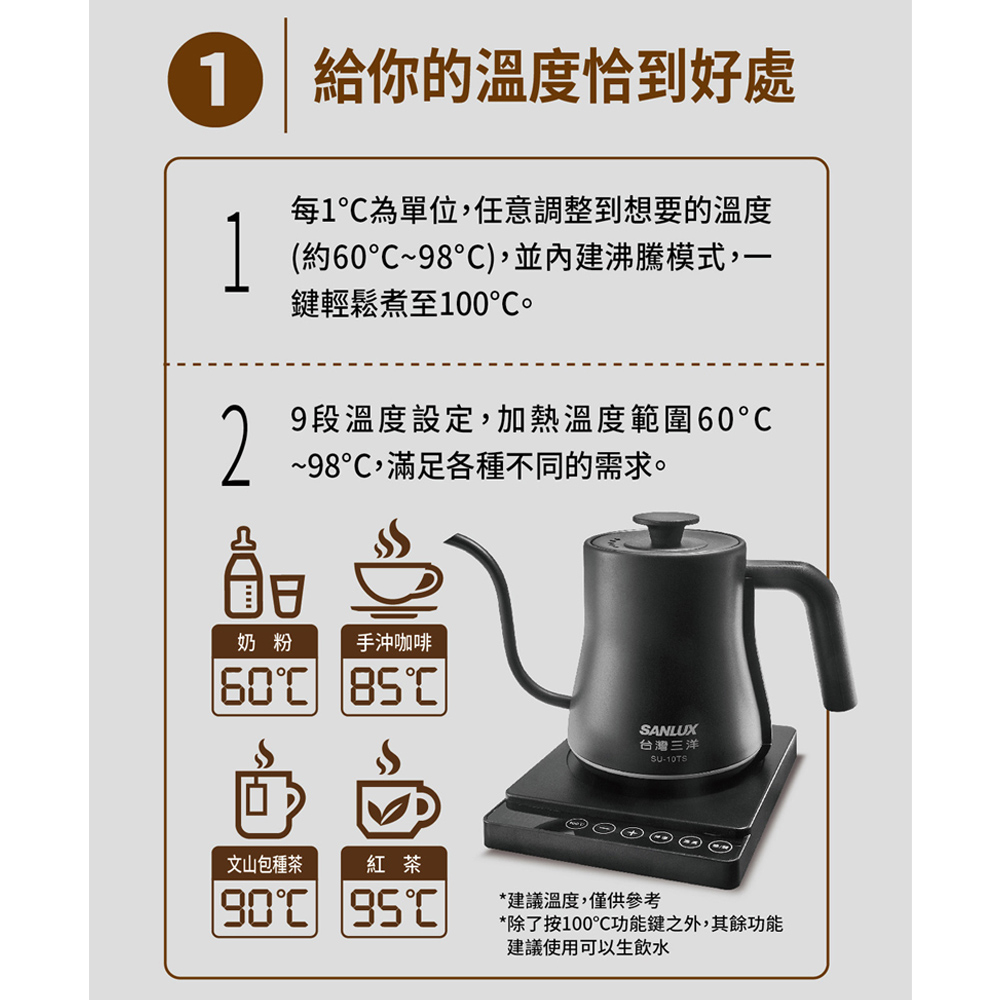 SANLUX 台灣三洋 0.8L 不鏽鋼 電茶壺 溫控手沖壺SU-10TS, , large