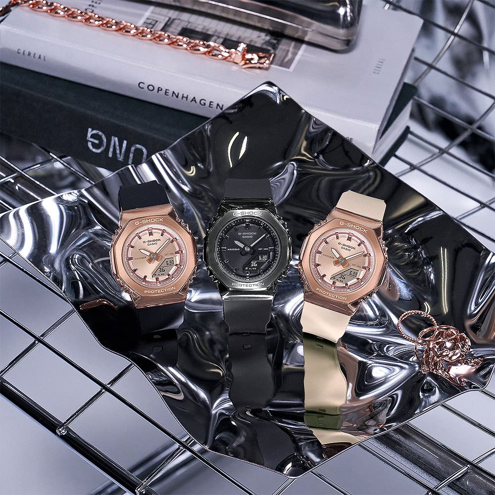 CASIO 卡西歐 G-SHOCK 個性時尚 八角金屬錶殼 雙顯手錶-玫瑰金x黑 GM-S2110PG-1A4, , large
