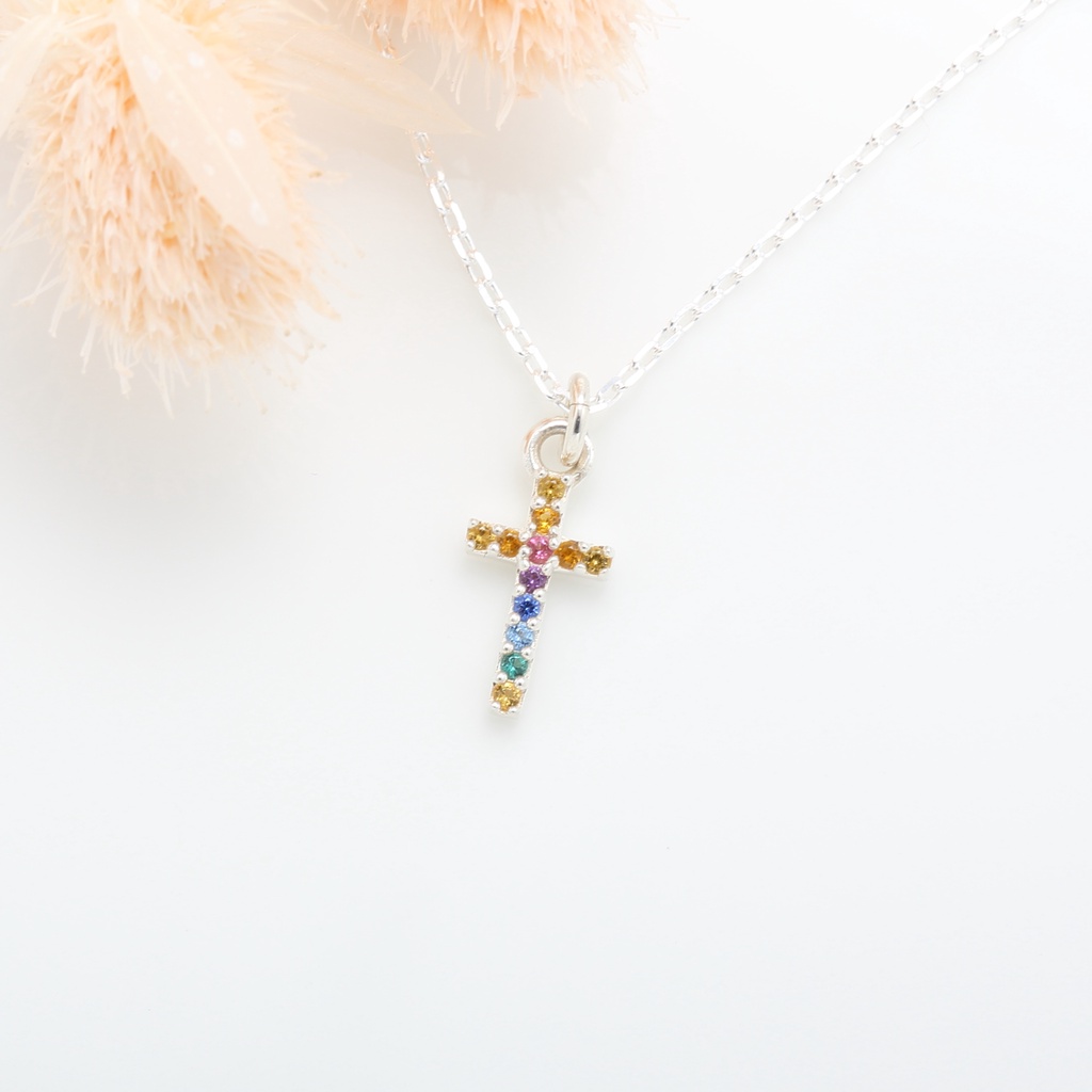 【Angel & Me】Bless Rainbow Cross s925 sterling silver necklace God Jesus gift, , large