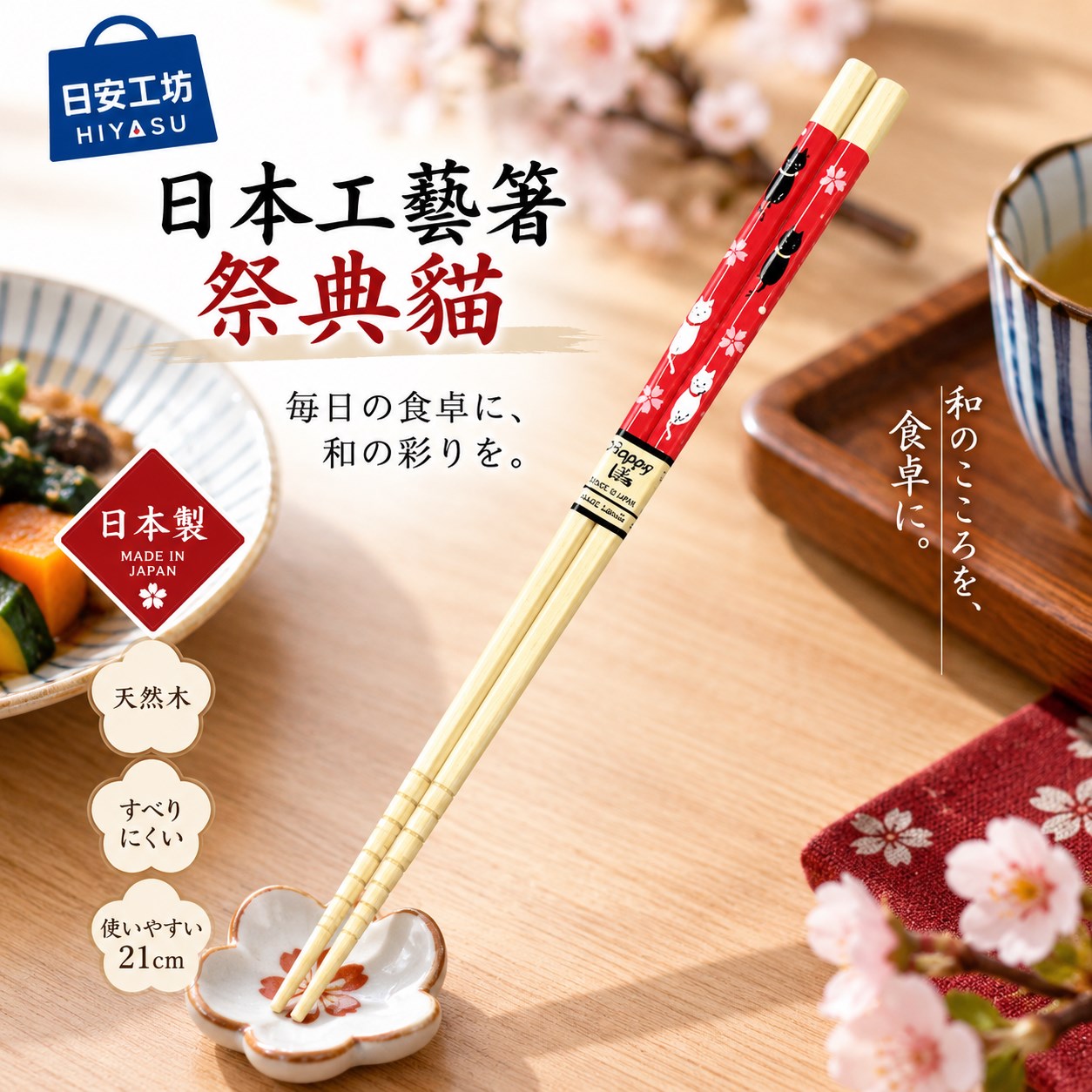 【HIYASU日安工坊】日本工藝箸-祭典貓 21cm, , large