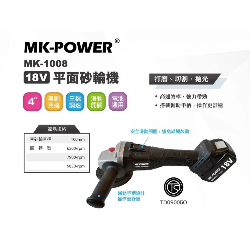 WIN五金 MK-POWER 18V無刷充電式4英吋平面砂輪機 <MK-1008+6.0電池套組> 研磨機 可直上牧田原廠電池做使用, , large