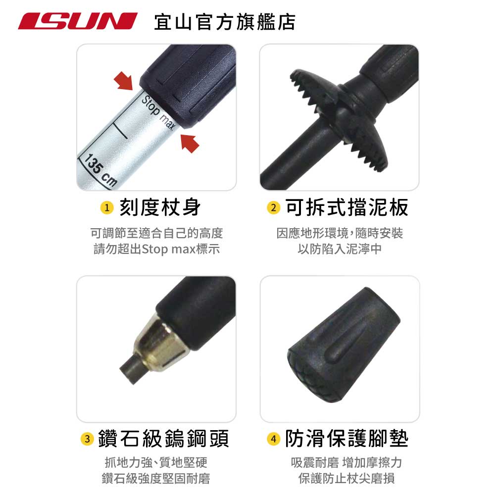 【ISUN】7075避震三節登山杖 Grid 藍紫色 (2入)｜耐磨圓頭握把 航太級7075鋁合金 附腳墊及擋泥板, , large