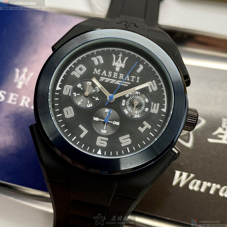 [星晴錶業]MASERATI手錶,44mm,R8851115007黑色錶面寶藍錶殼深黑色矽膠錶帶款, , large