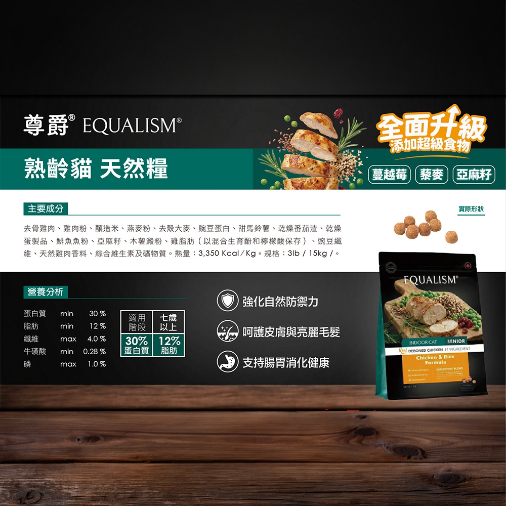 【艾寵聯萌】尊爵 熟齡貓 機能天然糧 3磅 15公斤 （去骨雞肉配方 添加超級食物 腸胃保健亮毛配方 高齡貓糧）, , large