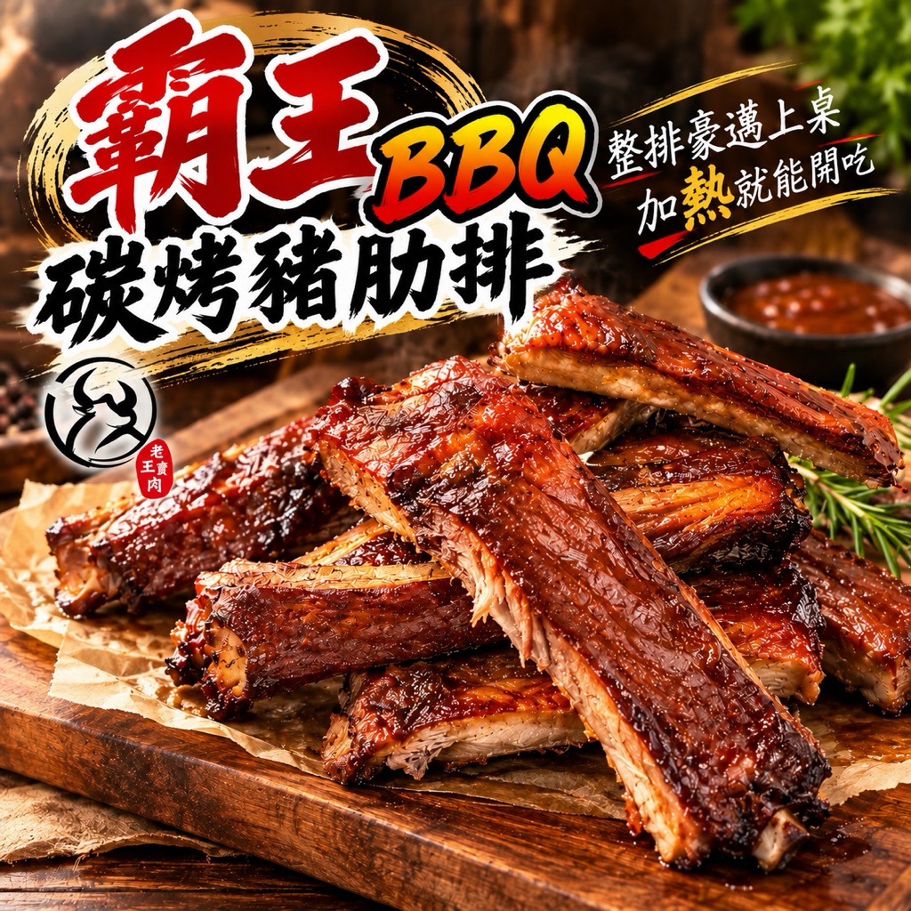 【老王賣肉】霸王BBQ碳烤豬肋排 台灣豬 豬肋排 BBQ豬肋排 烤肋排 碳烤排骨 排骨 露營 烤肉 加熱即食 冷凍調理, , large