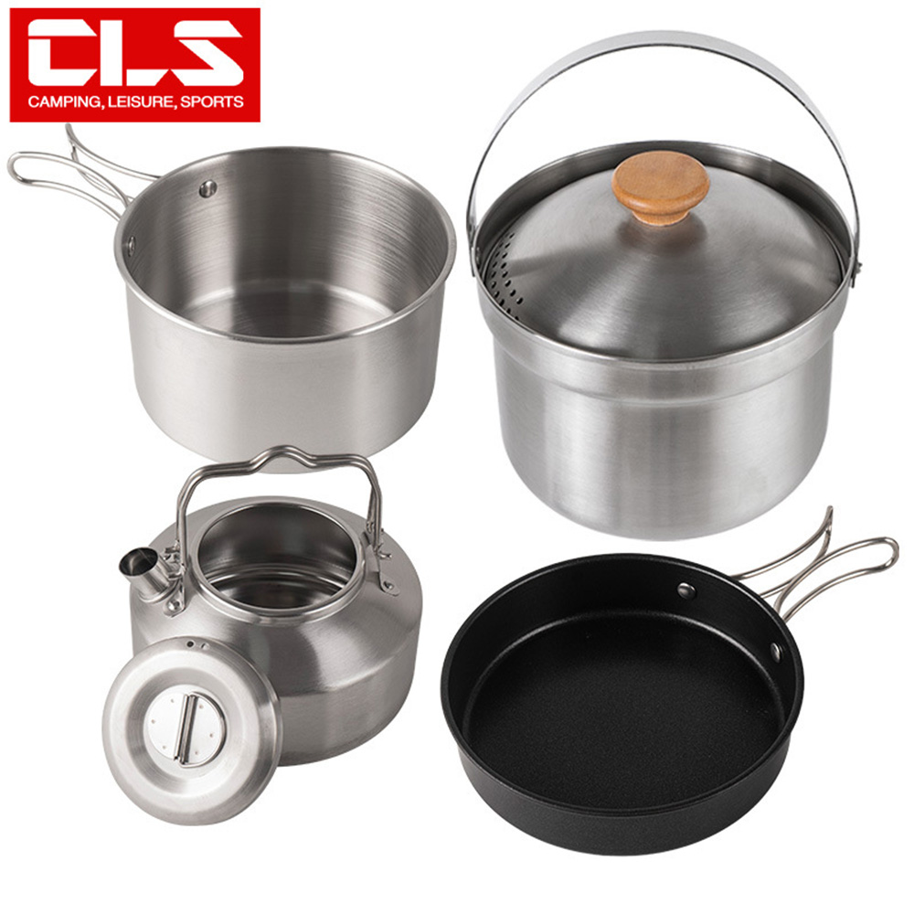 Caiyi 4件套 不銹鋼鍋具組 露營套鍋 野營鍋 戶外鍋具, , large