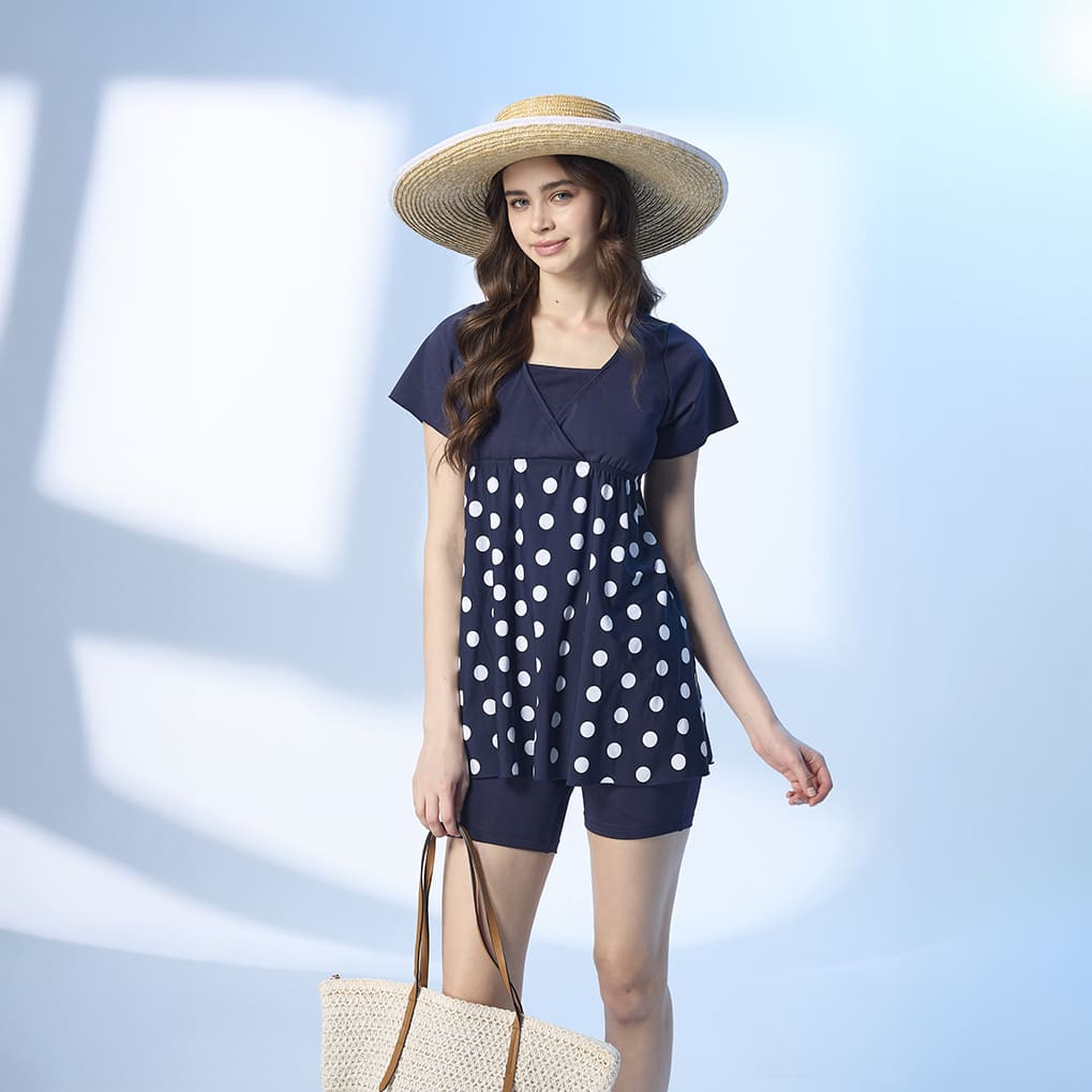 Monina, Made in Taiwan, Women's Two-Piece Swimsuit with Retro Polka Dot and Large Umbrella-Shaped Skirt, Slimming and Concealing., , large