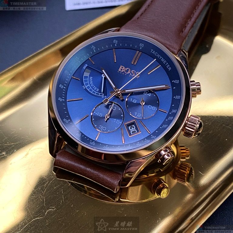 [星晴錶業]BOSS手錶,44mm,HB1513604寶藍色錶面玫瑰金錶殼咖啡色真皮皮革錶帶款, , large