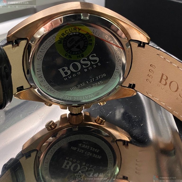 [星晴錶業]BOSS手錶,44mm,HB1513092黑色錶面玫瑰金錶殼深黑色真皮皮革錶帶款, , large