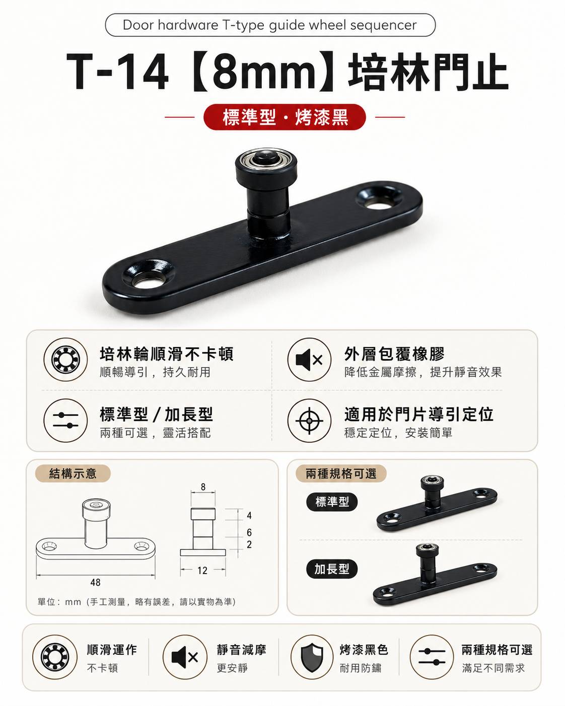 【1955 city】T-14 二分半/8mm 靜音T型培林 上導輪 五金配件  門止 固定輪 2分半 土地公 吊／拉門／櫥衣櫃導輪 止擺器 (標準型-烤漆黑), , large
