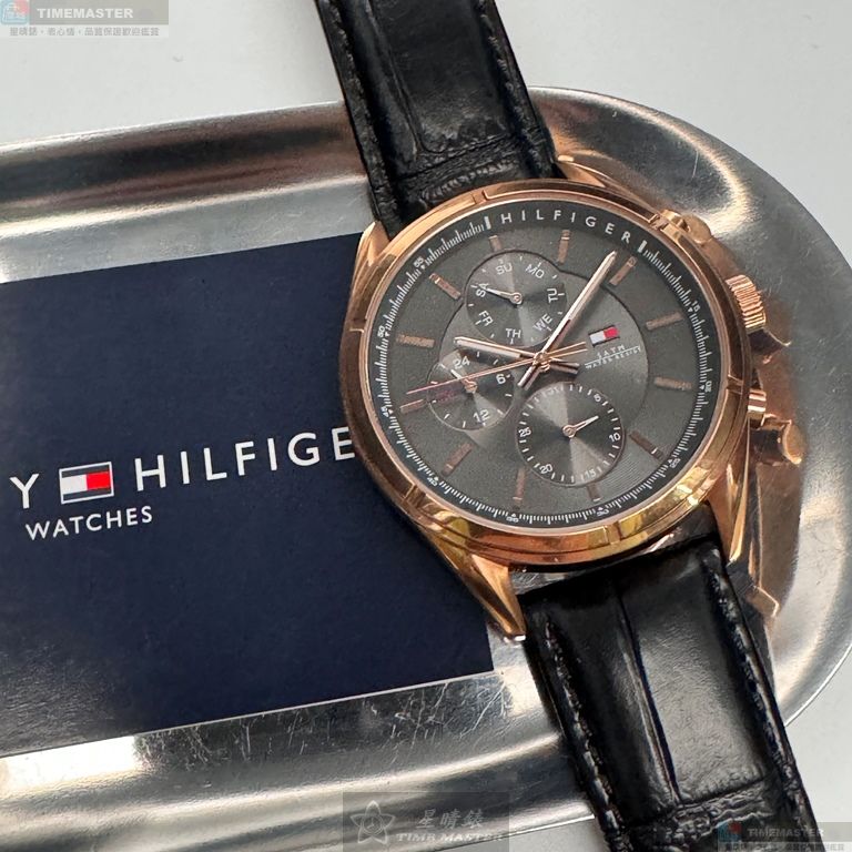 [星晴錶業]TommyHilfiger手錶,44mm,TH00067鐵灰色錶面玫瑰金錶殼深黑色真皮皮革錶帶款, , large