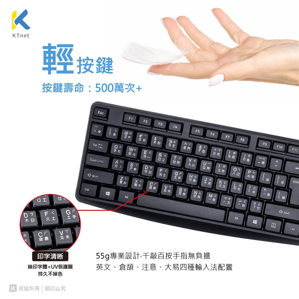 KTnet Z7 2.4G Wireless Keyboard and Mouse Set Classic Multi-stage DPI Switching Ultra-power-saving design, , large