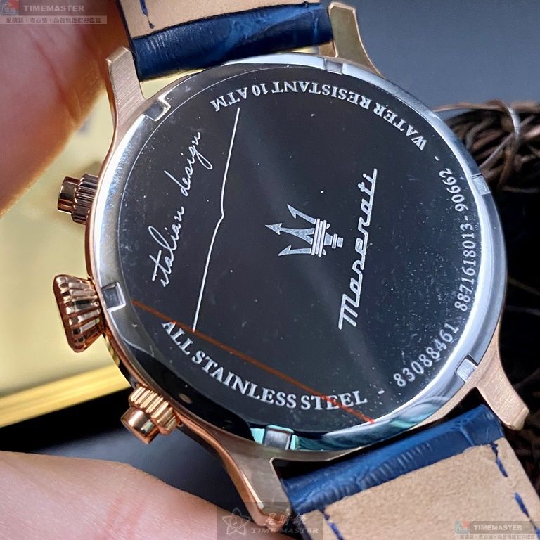 [星晴錶業]MASERATI手錶,42mm,R8871618013寶藍色錶面玫瑰金錶殼寶藍真皮皮革錶帶款, , large
