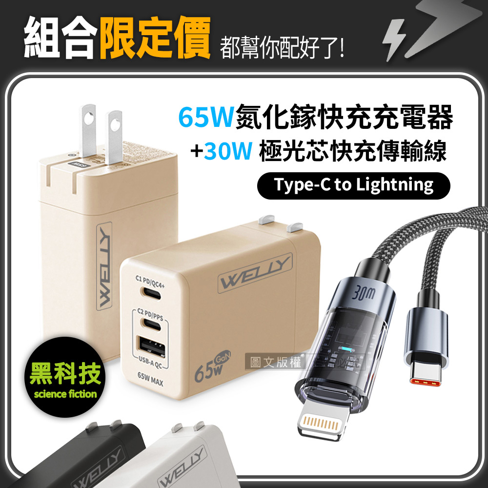 30W 極光芯 Type-C to Lightning 耐拉傳輸充電線+65W氮化鎵GaN 三孔極速充電器, , large