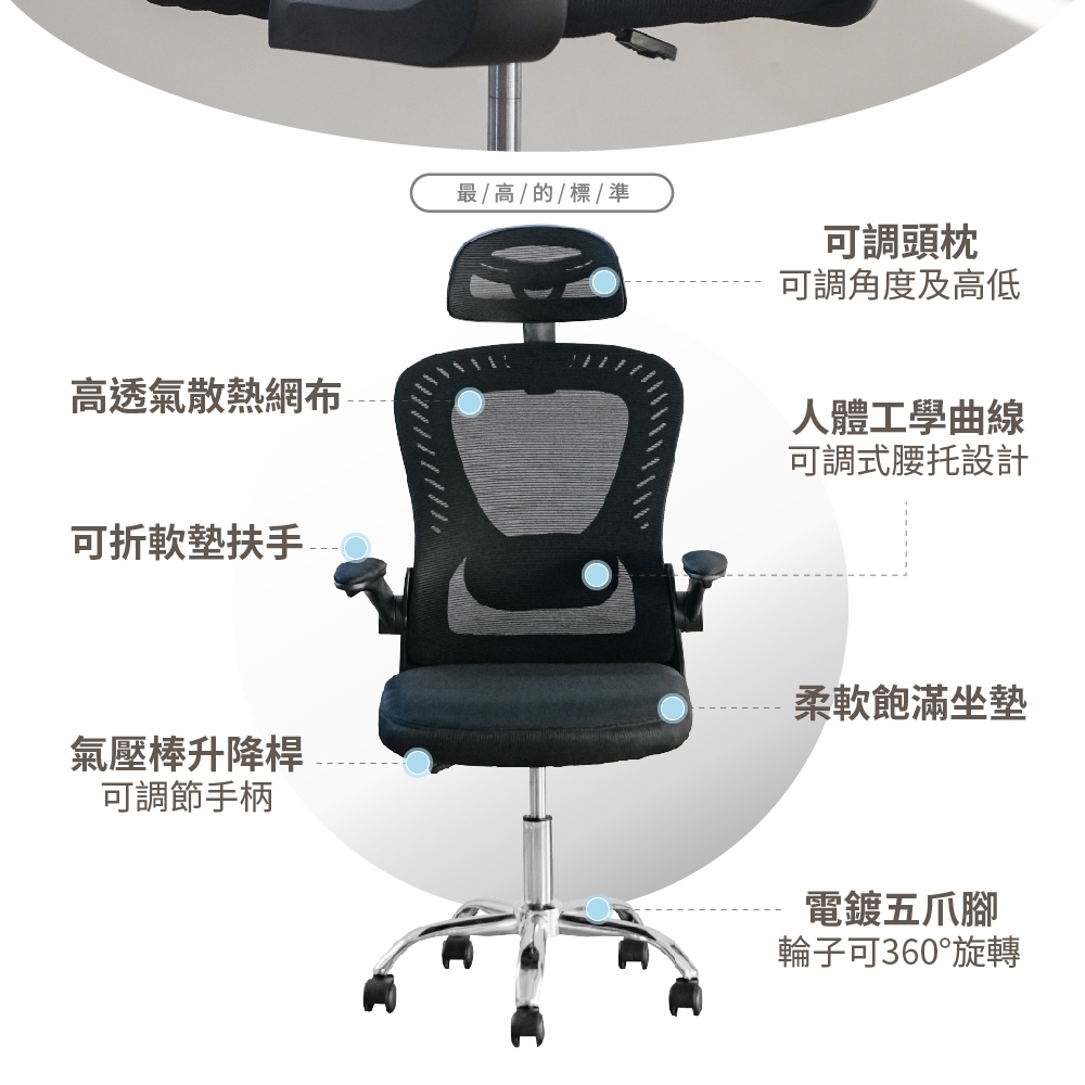 人體工學電腦椅 辦公椅 書桌椅 工作椅 網椅 扶手椅 主管椅 電競椅 CH1440, 黑色, large