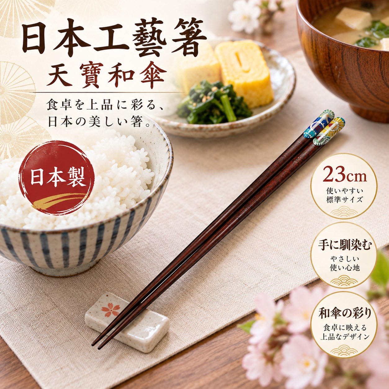 【HIYASU日安工坊】日本工藝箸-天寶和傘 23cm, , large