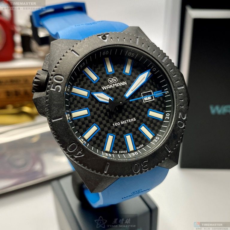 [星晴錶業]WAKMANN手錶,46mm,WA00004黑色幾何立體圖形錶面槍灰色錶殼寶藍矽膠錶帶款, , large