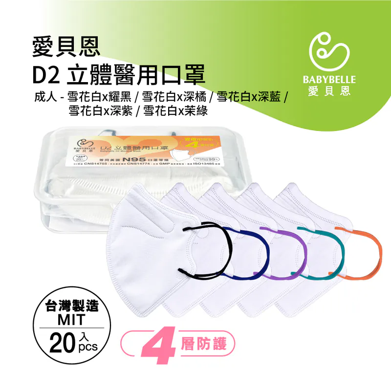 【BABYBELLE 愛貝恩】成人3D D2立體醫用口罩-雪花白20入 (6款選擇), , large