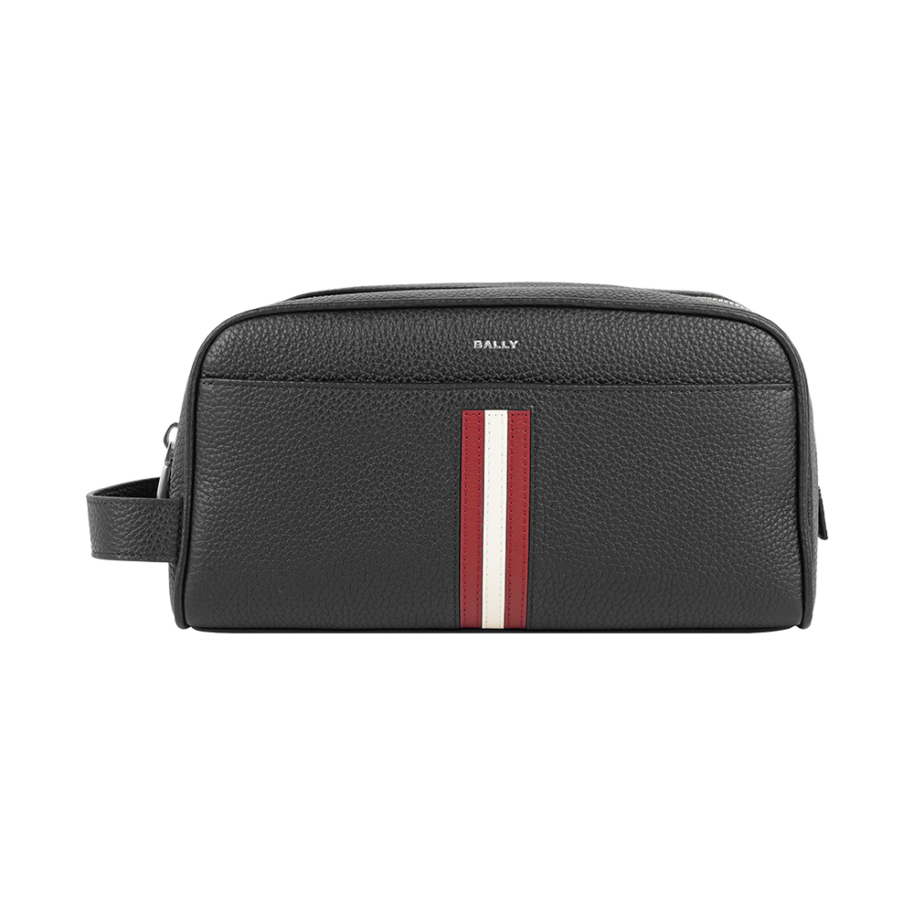 BALLY Ribbon 紅白條紋牛皮手拿包/萬用包/盥洗包(黑色), , large