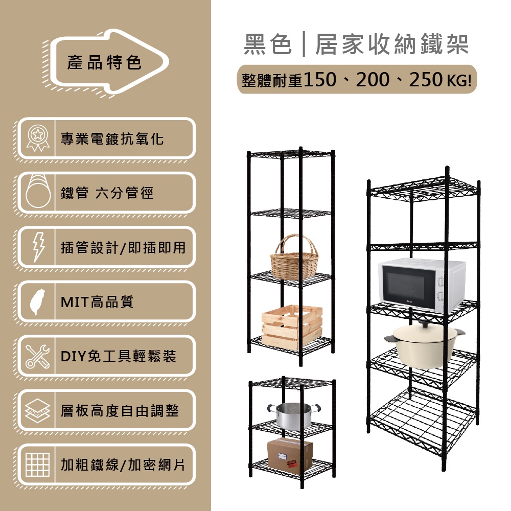 【KIWISH】46x40系列層架 三層 四層架 鐵力士架 居家收納架 (質感黑) 鐵架 層架 置物架 電器架 波浪架 收納架, , large