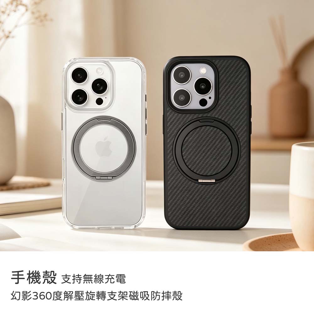 【山水之寶】iPhone 17/17Pro/17ProMax手機殼 防摔殼 幻影360度解壓旋轉支架磁吸防摔殼, , large