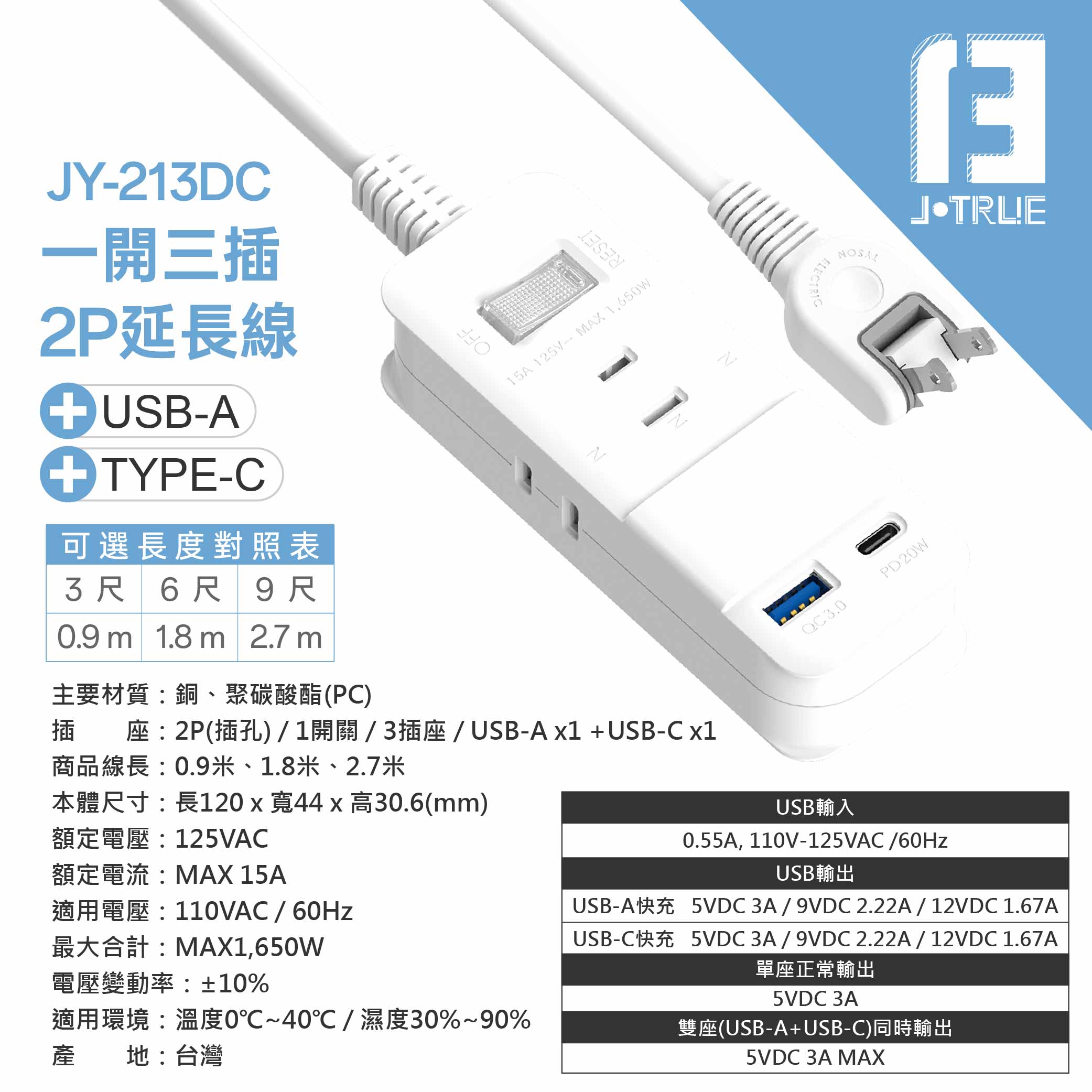 鉅玉經典｜20W智慧充電一開三插延長線 3尺  JY-213DC-3, , large