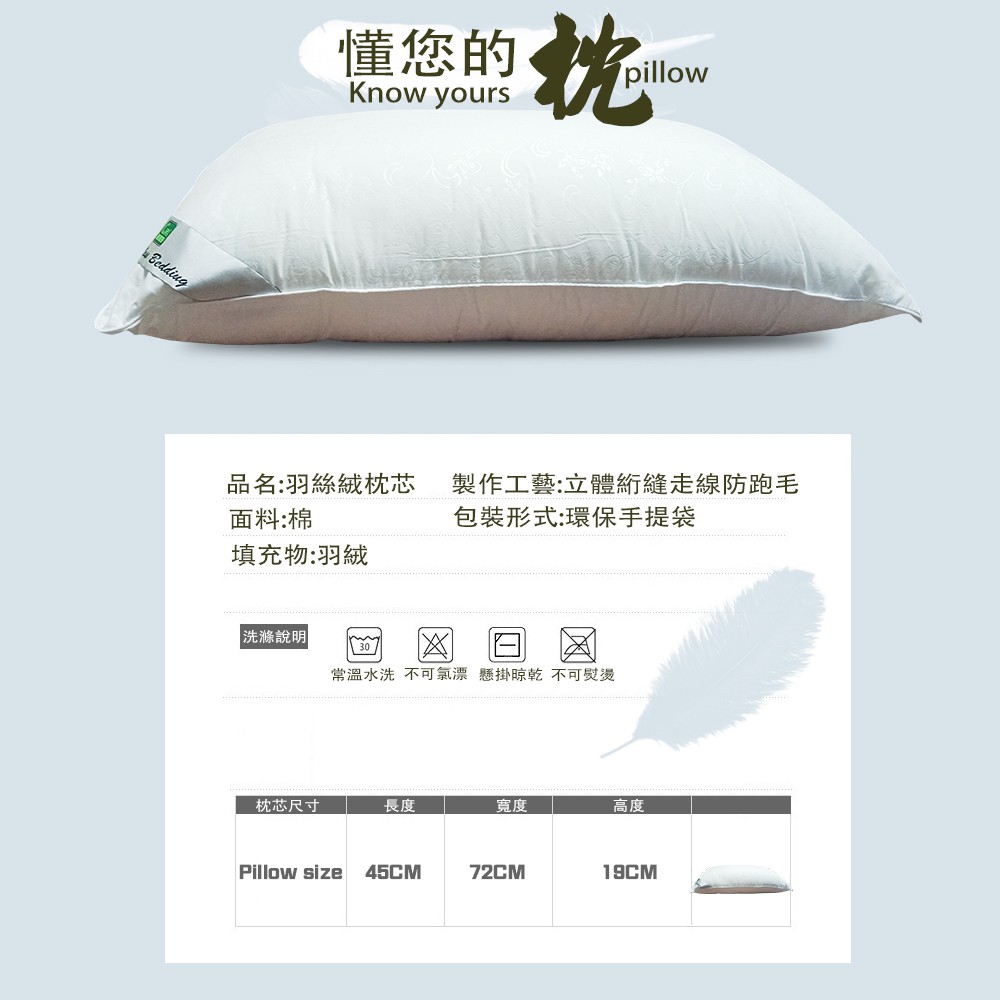 GS MALL 台灣製造 一入 頂級可水洗羽絲絨枕 47x75cm 水洗枕 透氣枕 柔軟枕 羽絲絨枕 枕頭 寢具 羽絨枕, , large
