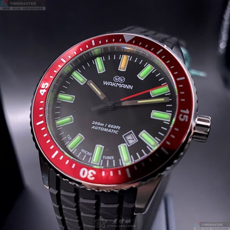 [星晴錶業]WAKMANN手錶,44mm,WA00008黑色錶面可樂圈錶殼深黑色矽膠錶帶款, , large