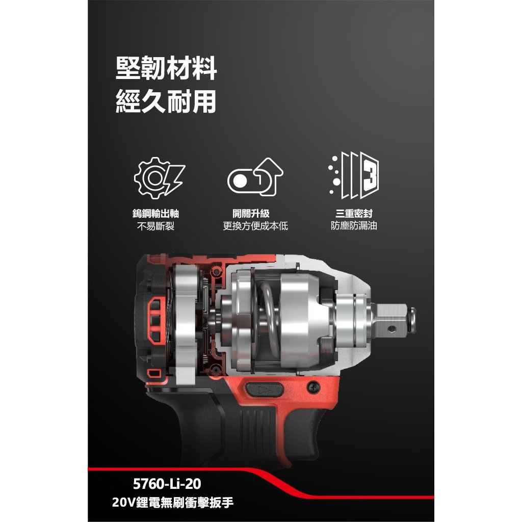 WIN五金 DEVON 大有 <5760-Li-20+5.0電池組> 20V 無刷衝擊扳手 400牛頓米大扭力 短軸機身, , large