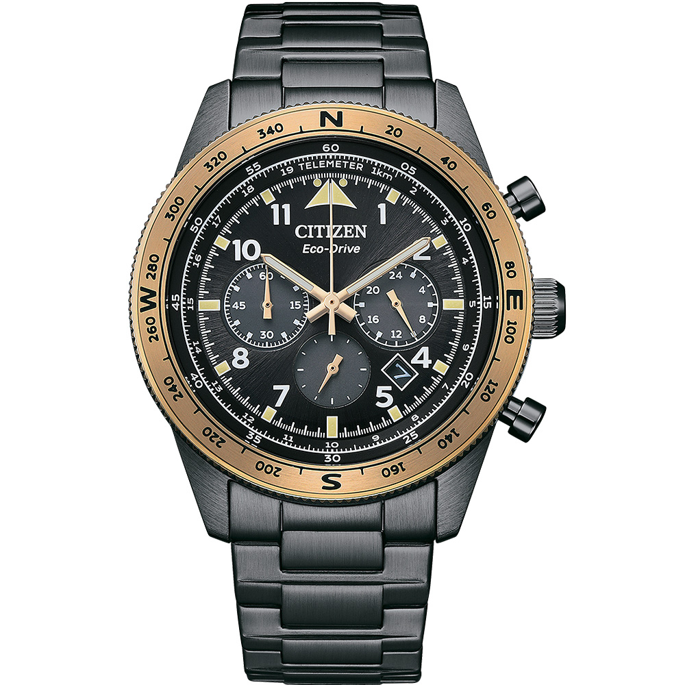 CITIZEN 星辰 光動能航空計時手錶-黑X香檳金 CA4556-89E, , large