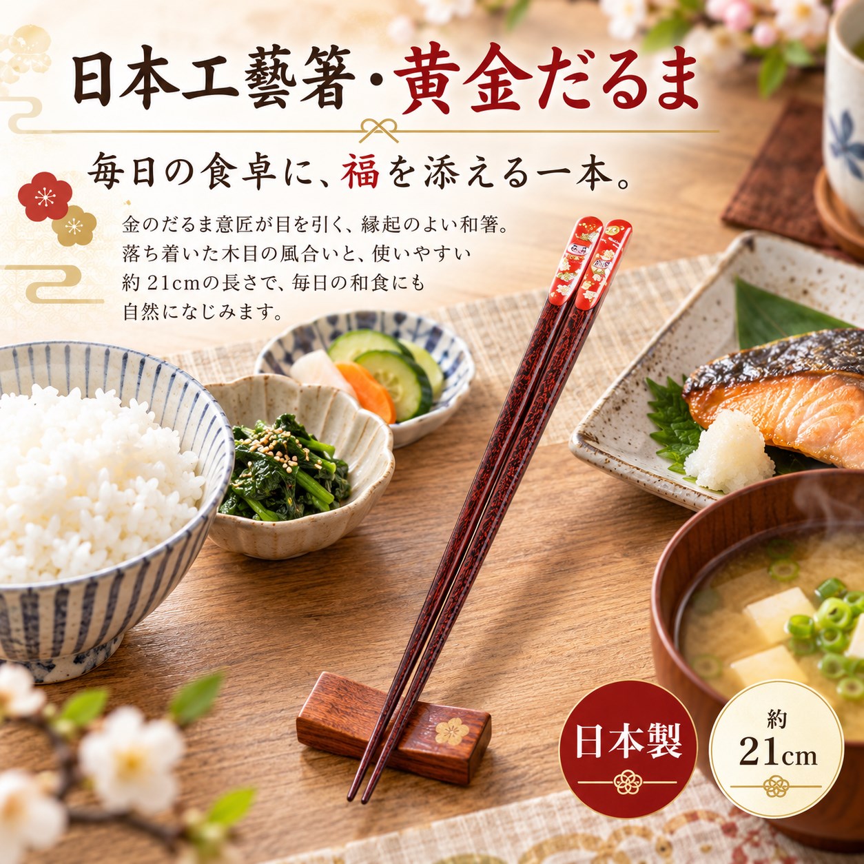 【HIYASU日安工坊】日本工藝箸-黃金不倒翁 21cm, , large