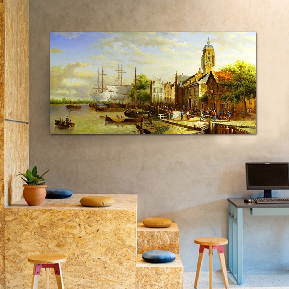 【御畫房】商貿市集 國家一級畫師手繪油畫60&times;120cm(VF-142), , large