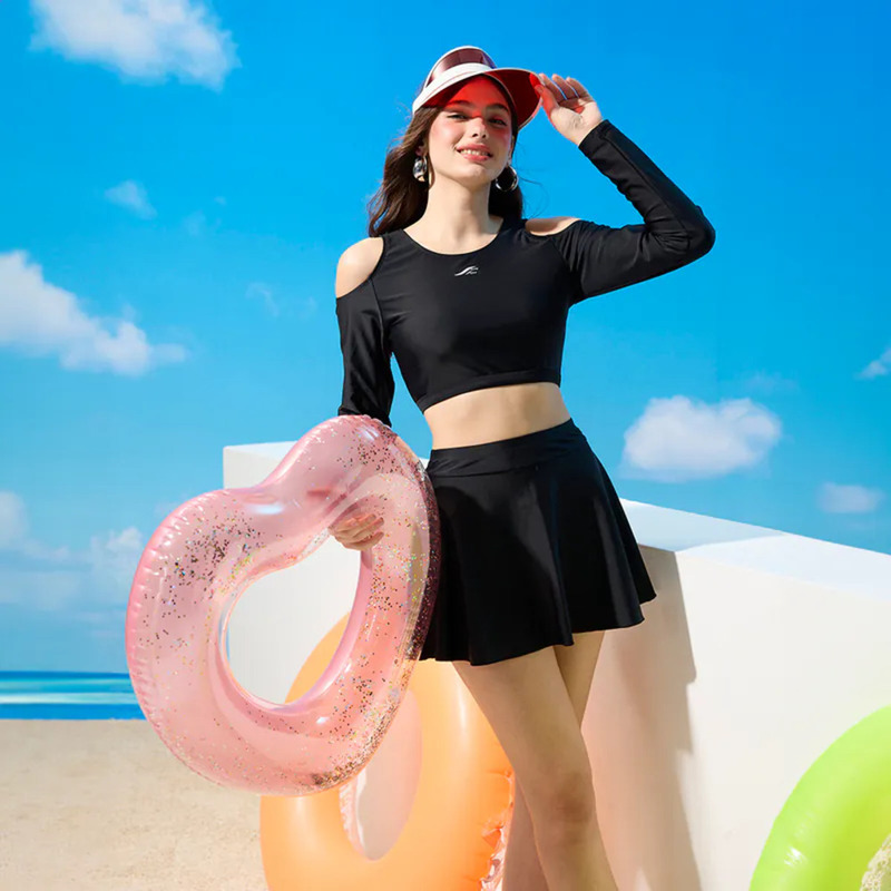 Monina, Made in Taiwan, Long-sleeved Sun Protection Two-Piece Swimsuit with Slimming A-line Skirt, , large