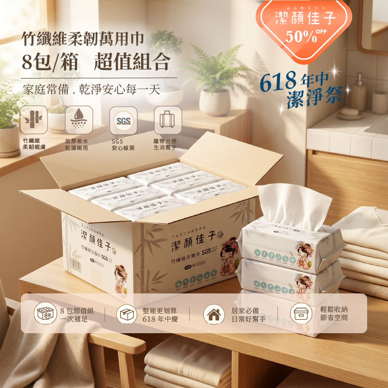【佳格國際】潔顏佳子竹纖柔靭萬用巾｜618年中慶-8包(箱) 5折, , large