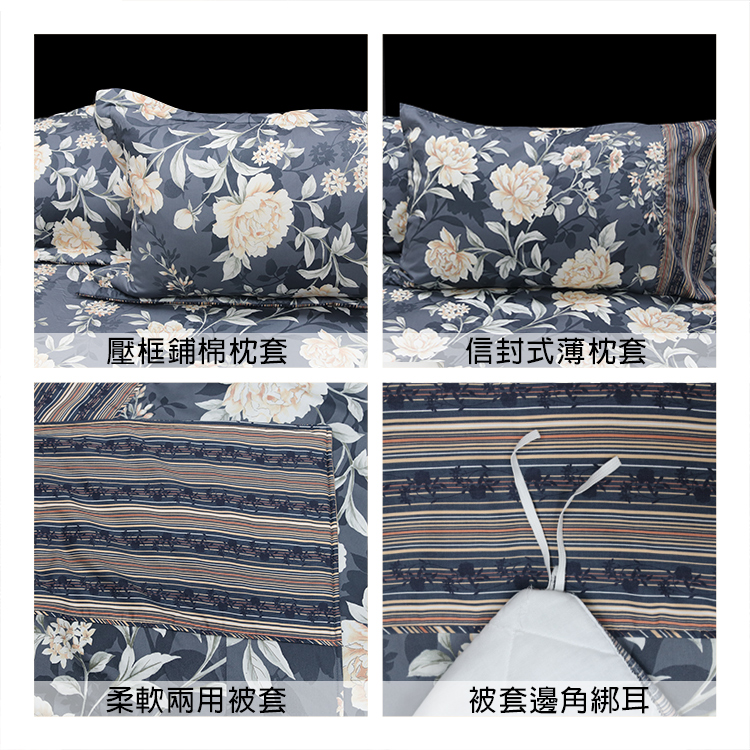 FITNESS 精梳棉雙人七件式床罩組-花語情嵐-藍灰, , large