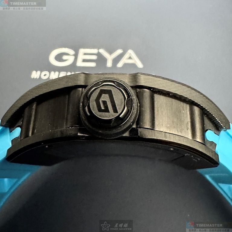 [星晴錶業]GEYA手錶,46mm, 52mm,G78208GWKB雙面機械鏤空錶面黑錶殼寶藍矽膠錶帶款, , large