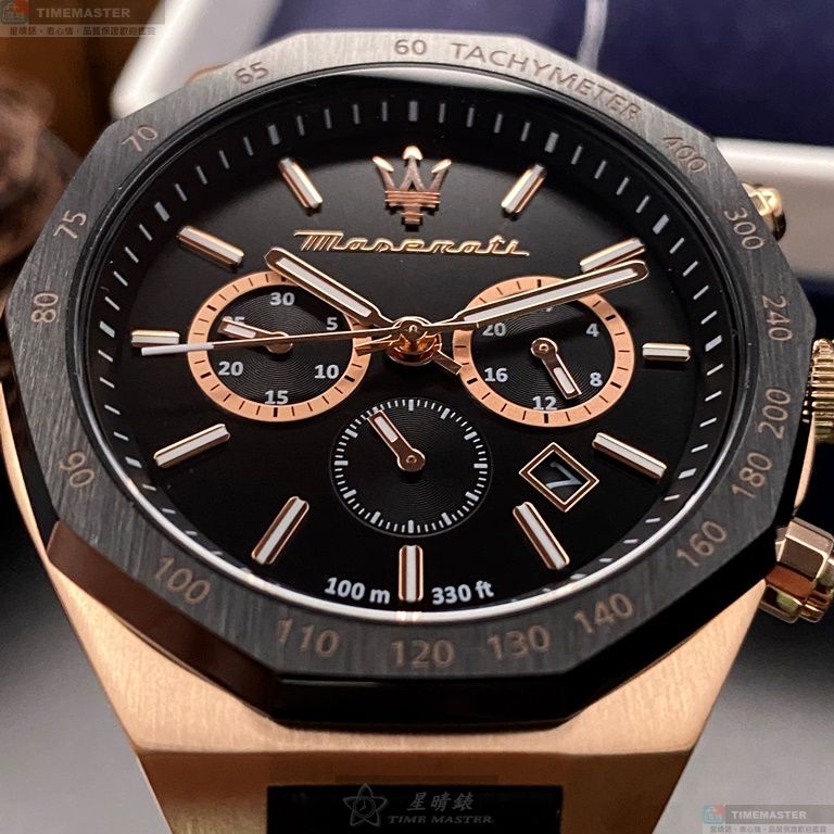 [星晴錶業]MASERATI手錶,46mm,R8871642001黑色錶面玫瑰金錶殼深黑色真皮皮革錶帶款, , large
