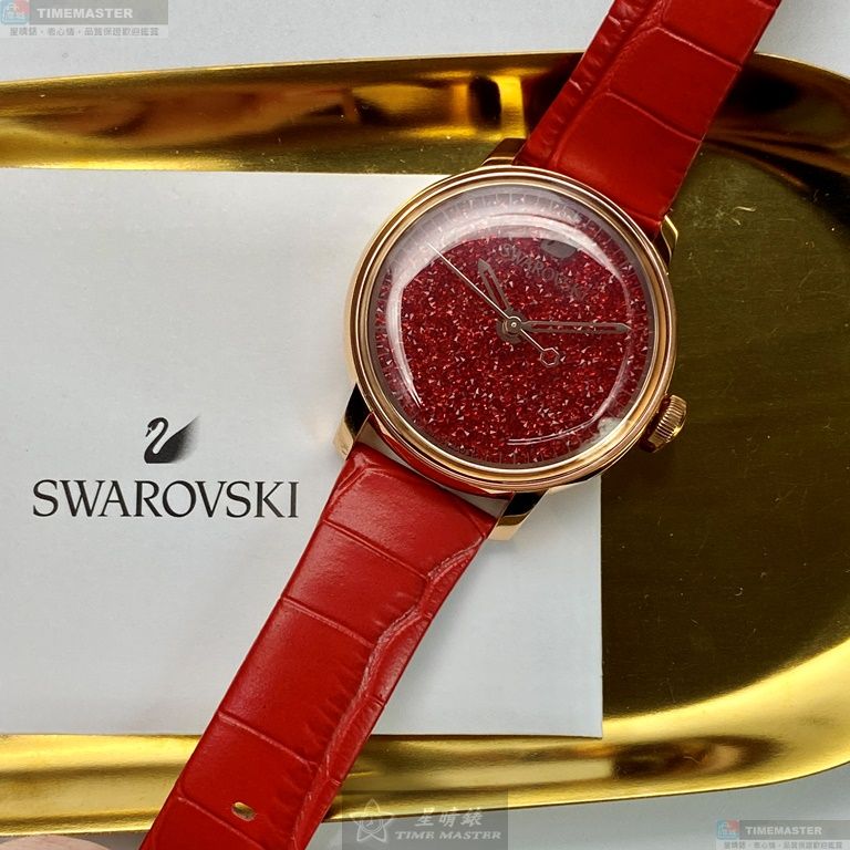 [星晴錶業]SWAROVSKI手錶,38mm,SW00005大紅色錶面玫瑰金錶殼大紅色真皮皮革錶帶款, , large