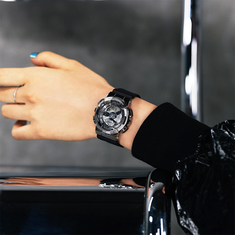 CASIO 卡西歐 G-SHOCK 金屬色雙顯電子錶-百搭銀 GM-S110-1A, , large