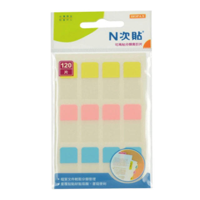 【N次貼】66515 書寫型可再貼分類索引片 28x12mm 120片/3色/袋 - 單面(黃、粉紅、藍)-66515, , large