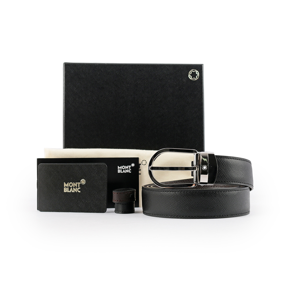 Montblanc 萬寶龍 防刮牛皮搭釦式雙面可用皮帶/黑色/棕色, , large