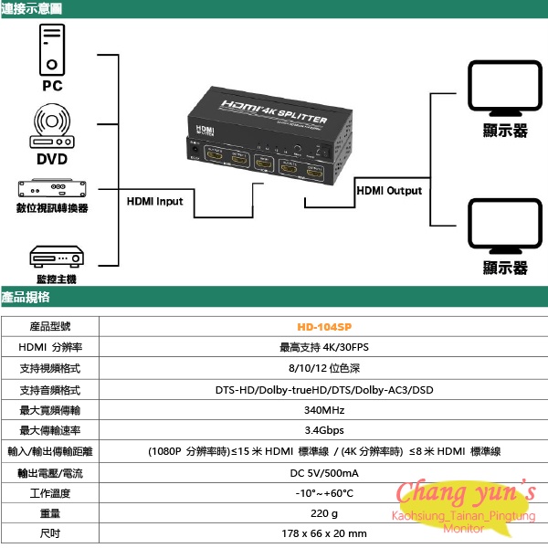 昌運監視器 HD-104SP 4K HDMI 一進四出影像分配器, , large