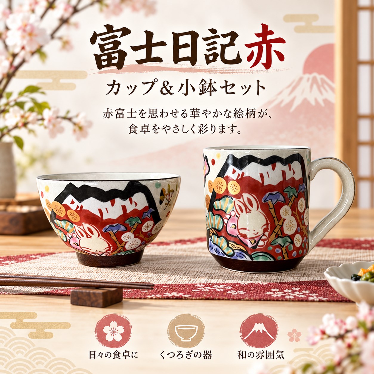 【HIYASU日安工坊】杯碗組 富士日記 赤, , large