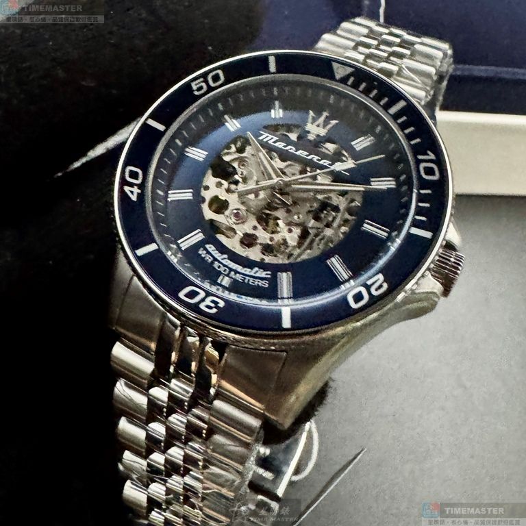 [星晴錶業]MASERATI手錶,44mm,R8823140011銀寶藍色雙面機械鏤空錶面寶藍錶殼銀色精鋼錶帶款, , large