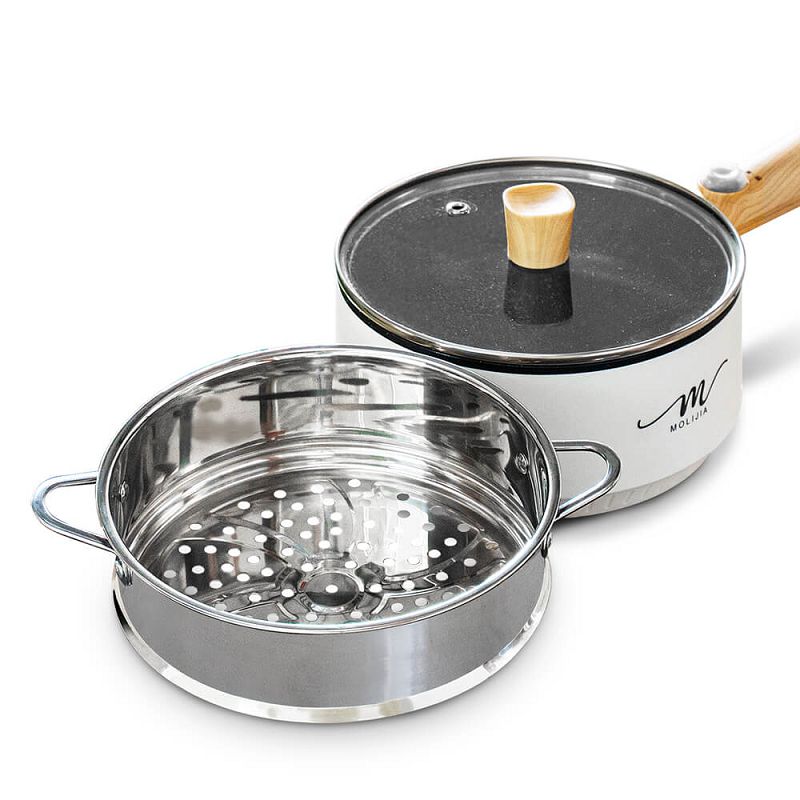 【MOLIJIA 魔力家】1.6L-M18多功能美食料理不沾電火快煮烹飪鍋+M1812不鏽鋼蒸籠-白木紋, , large