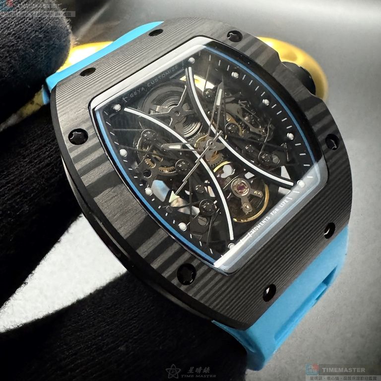 [星晴錶業]GEYA手錶,46mm, 52mm,G78208GWKB雙面機械鏤空錶面黑錶殼寶藍矽膠錶帶款, , large
