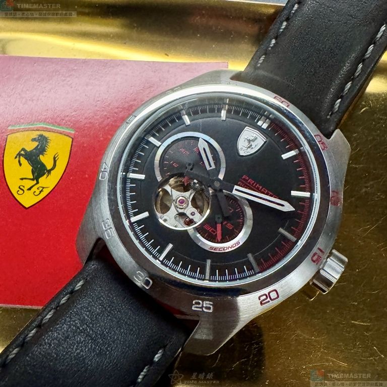 [星晴錶業]FERRARI手錶,44mm,FE00107黑色, 透視錶面銀錶殼深黑色真皮皮革錶帶款, , large